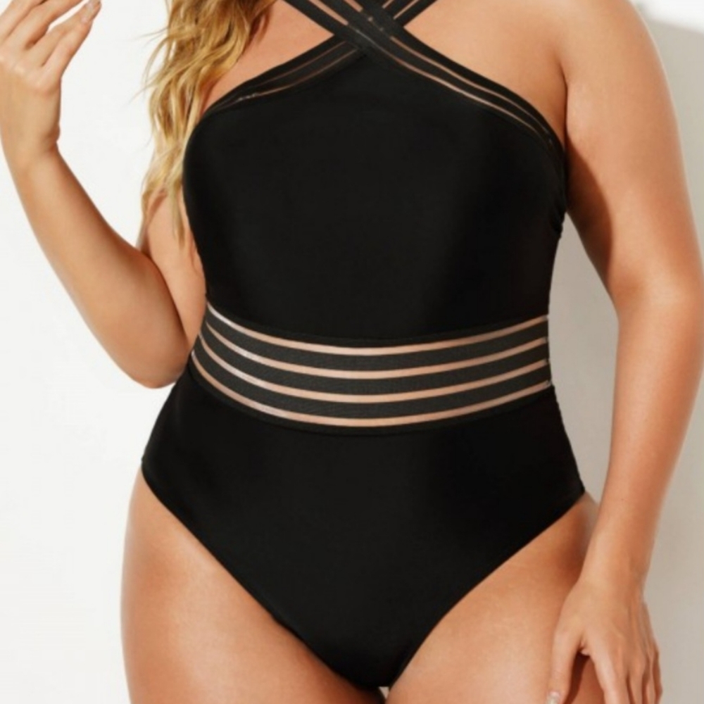 Black Crossover Lady Vintage One Piece Swimsuit